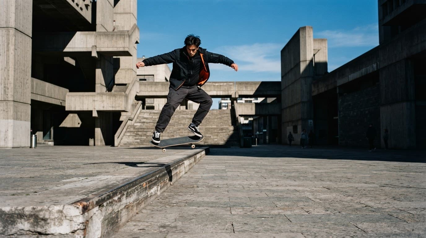Skateboarder moving through a sunlit brutalist concrete plaza